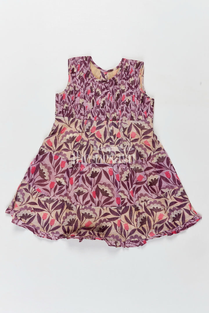 Girls Purple Printed Cotton Frock with Gathers and Layered Hem in unique different frock design