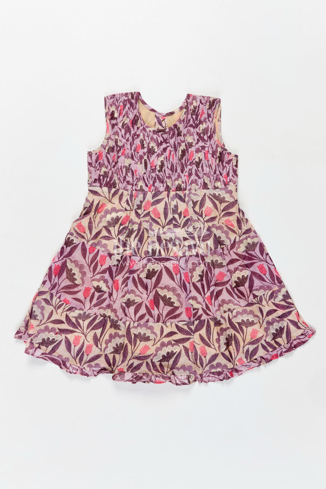 Girls Purple Printed Cotton Frock with Gathers and Layered Hem in unique different frock design
