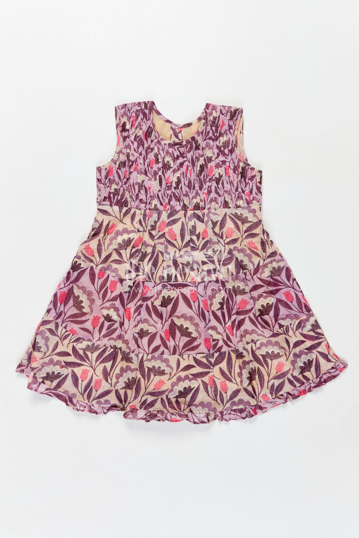 Girls Purple Printed Cotton Frock with Gathers and Layered Hem in unique different frock design