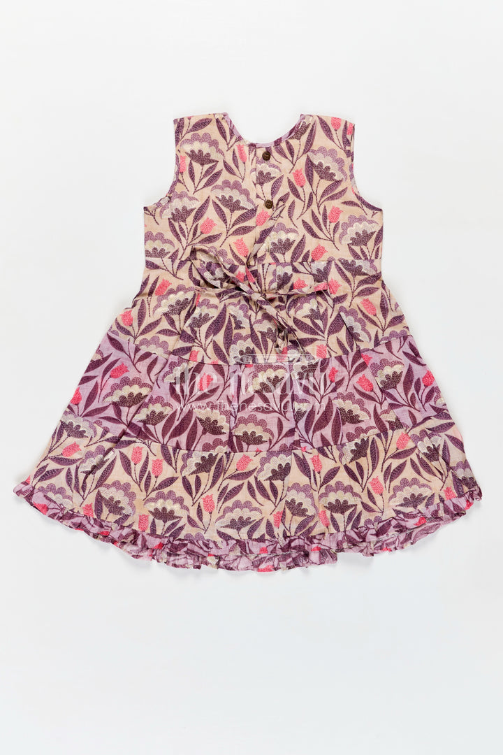Girls Purple Printed Cotton Frock with Gathers and Layered Hem in unique different frock design
