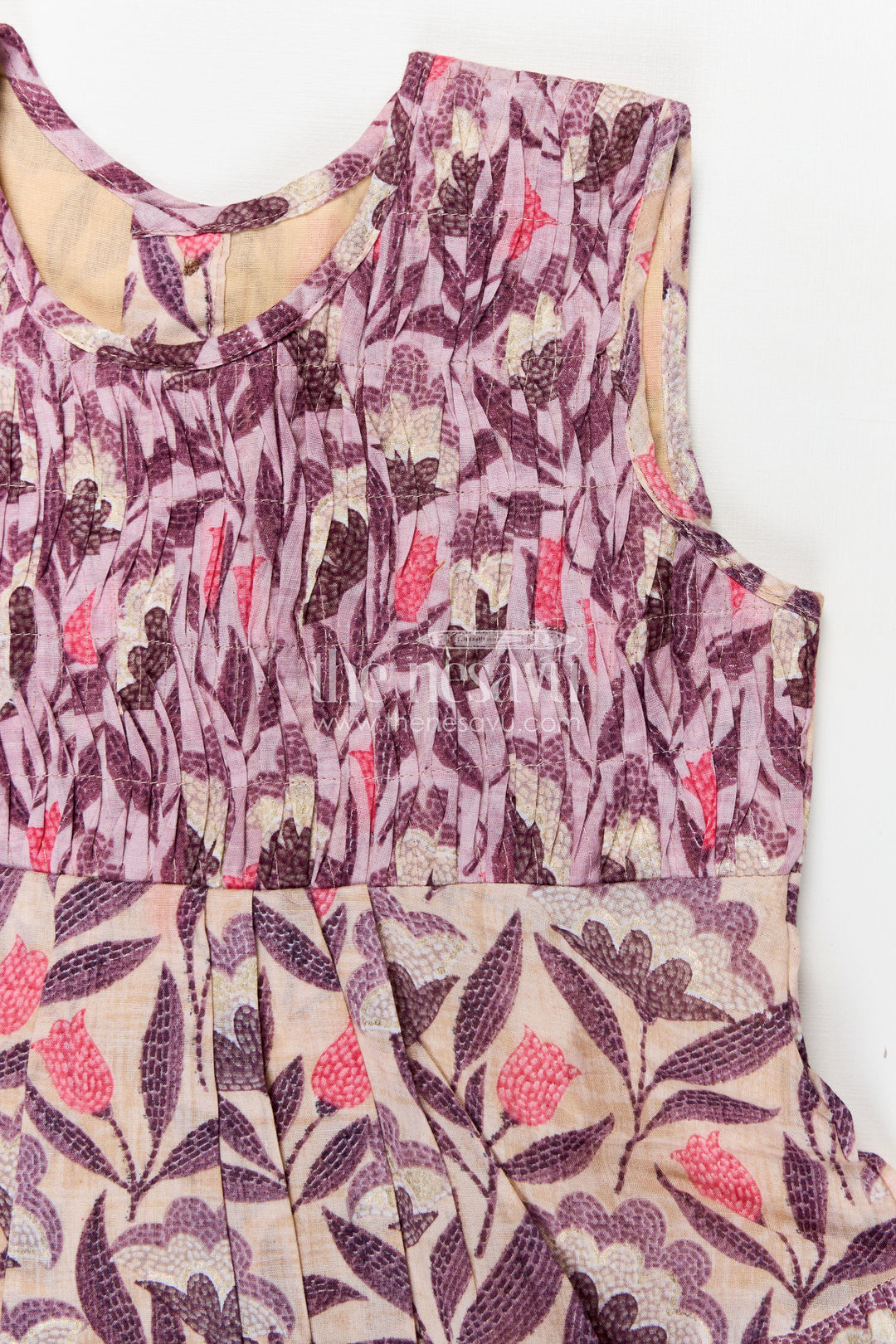 Girls Purple Printed Cotton Frock with Gathers and Layered Hem in unique different frock design