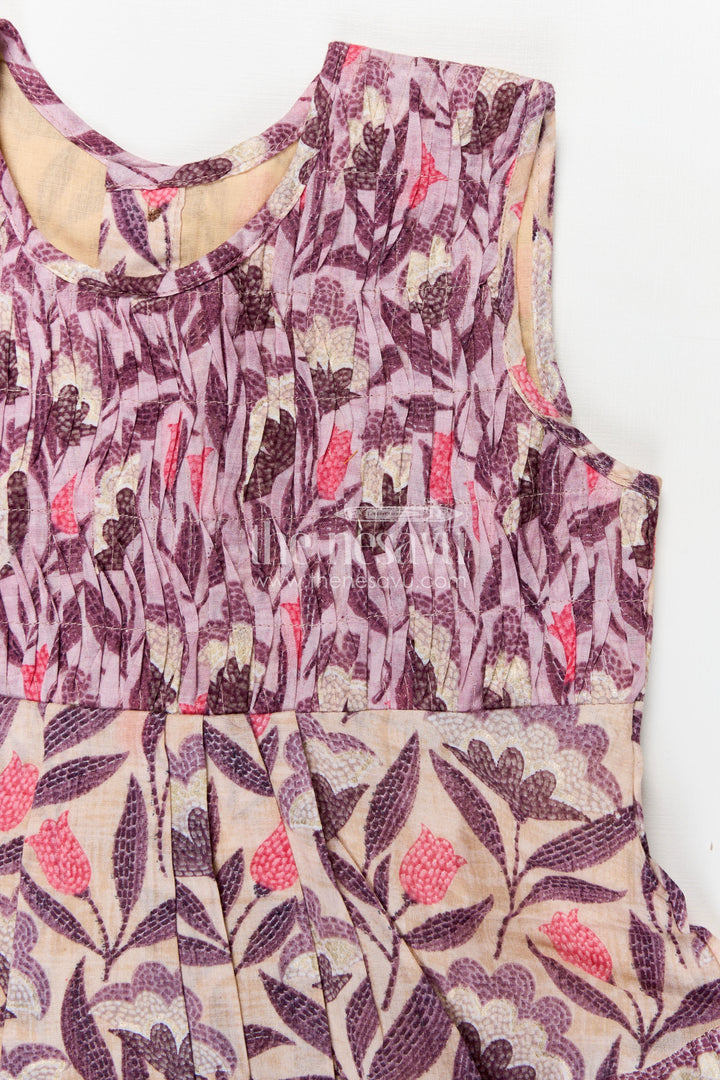 Girls Purple Printed Cotton Frock with Gathers and Layered Hem in unique different frock design