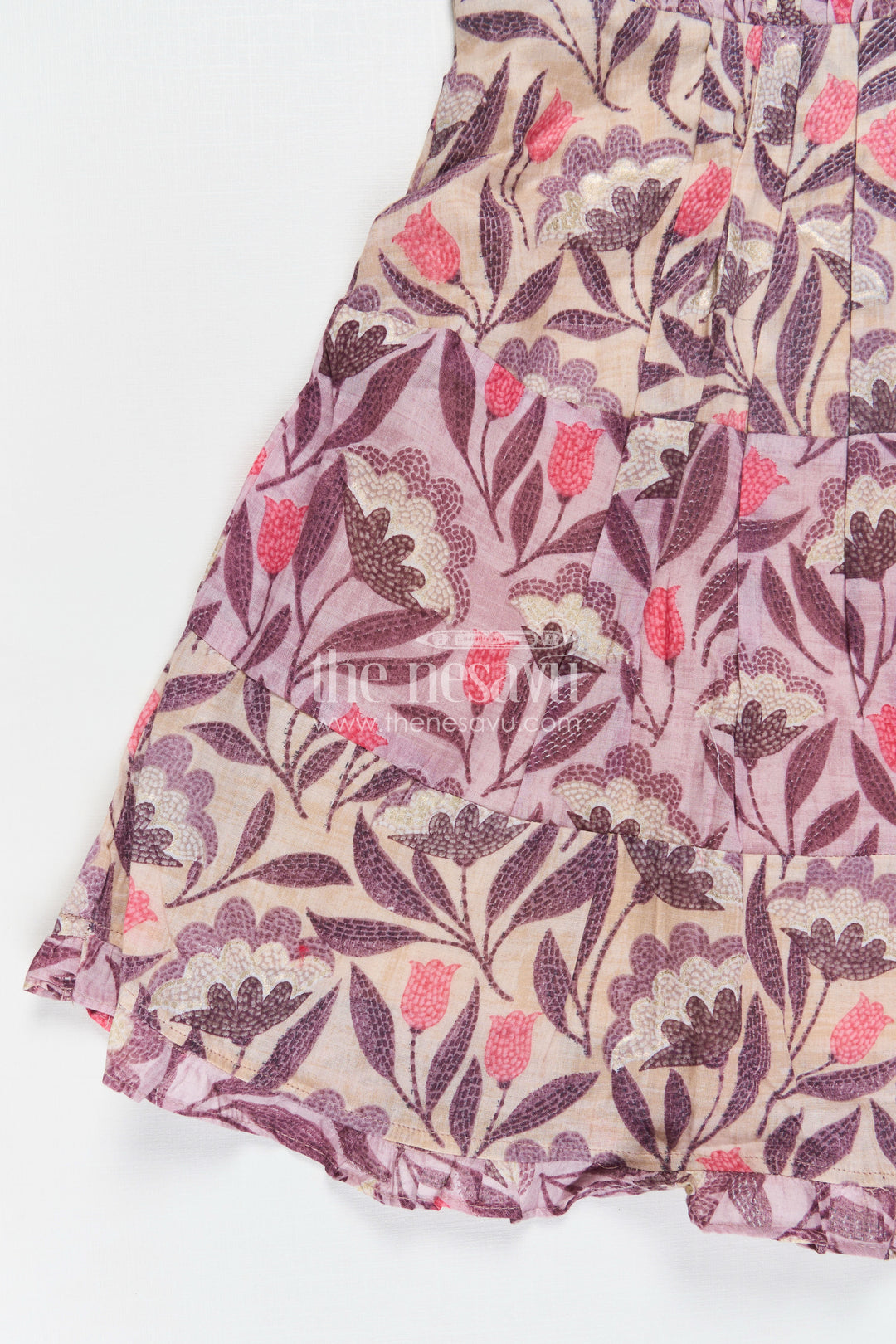 Girls Purple Printed Cotton Frock with Gathers and Layered Hem in unique different frock design
