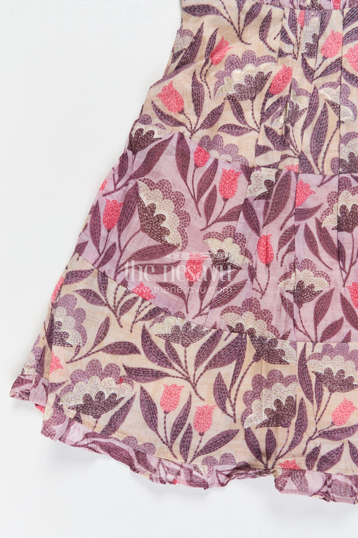 Girls Purple Printed Cotton Frock with Gathers and Layered Hem in unique different frock design