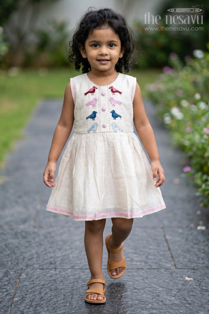 Charming White Chanderi Cotton Frock with Bird Embroidery for Girls