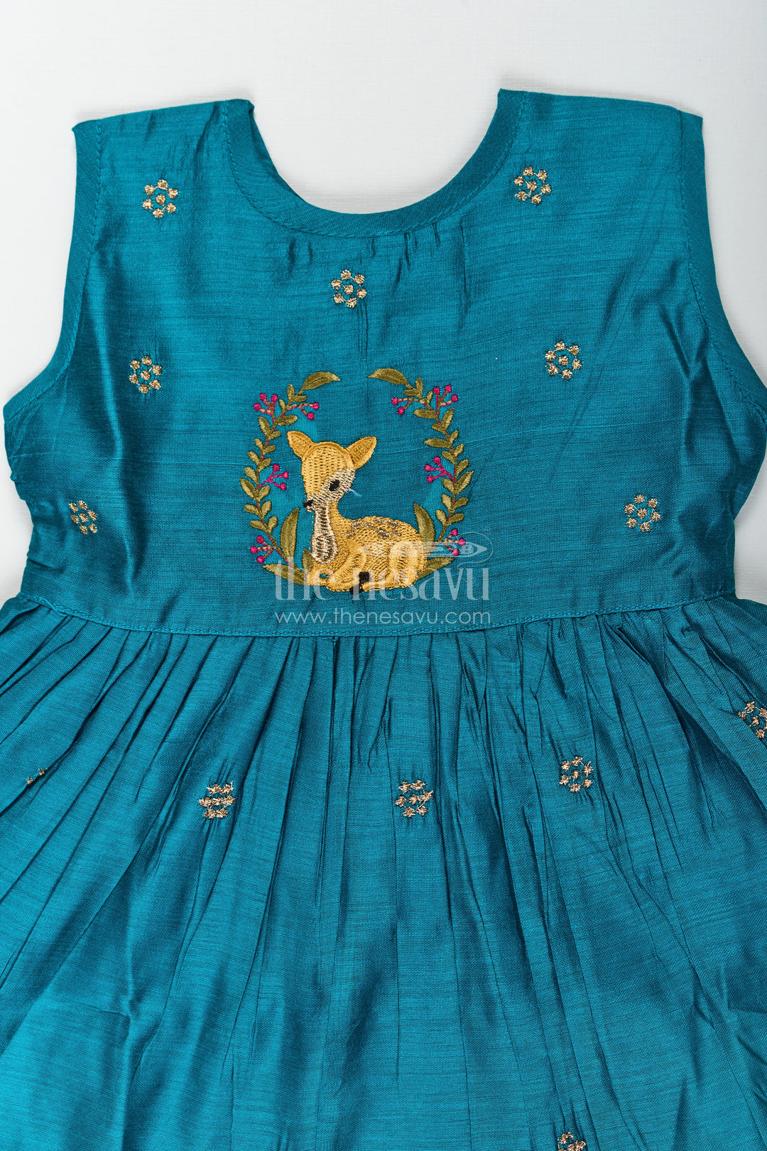 Teal Chanderi Cotton Frock with Embroidered Fawn for Young Girls
