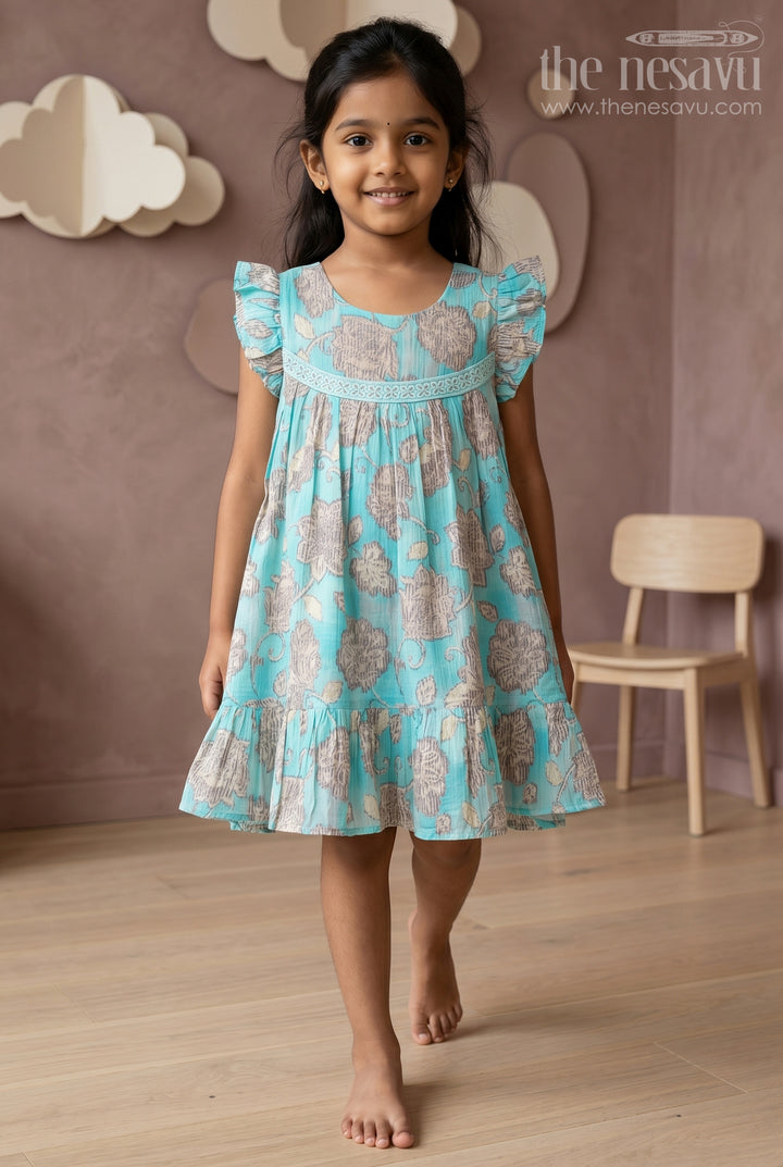 Green Floral Printed Cotton Frock for Girls