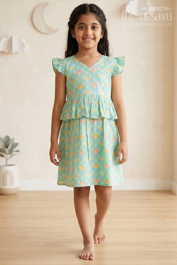 Teal Floral Printed Cotton Frock for Girls