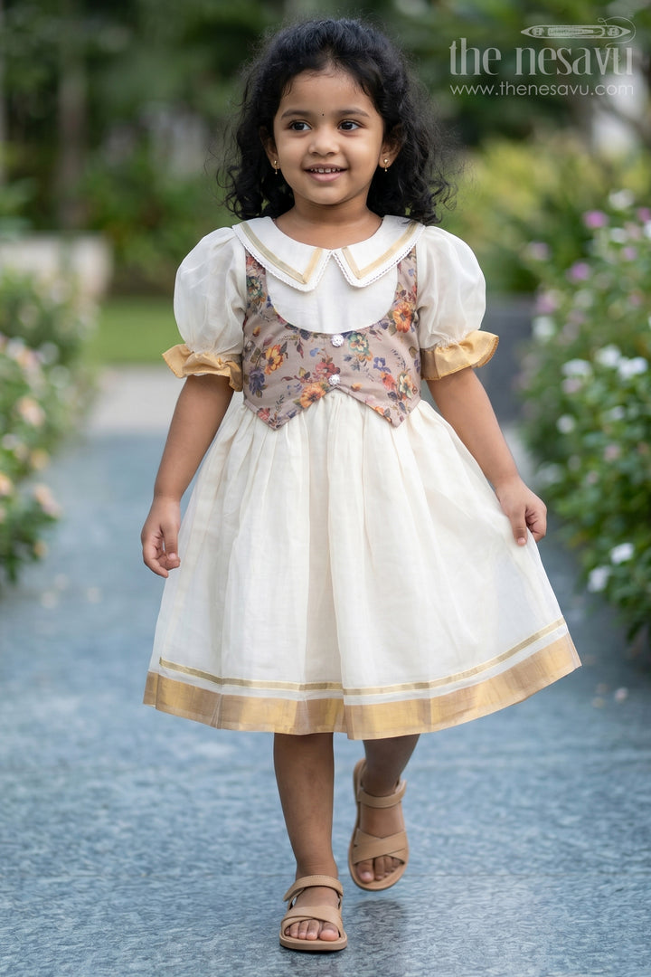 Traditional Bacchon Ki Dresspuff Sleeve Onam Cotton Frock with Waistcoat Design
