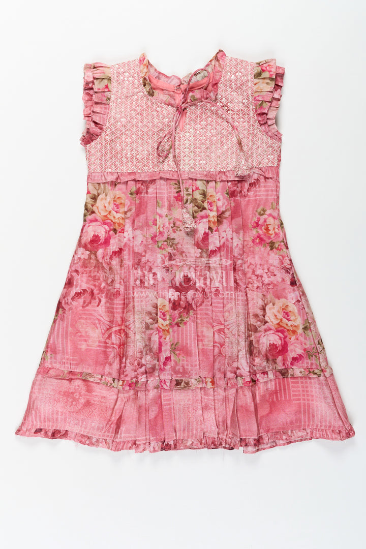 Girls Cotton Dress Frock with Ruffled Sleeves and Floral Digital Print in Deep Rose Hues