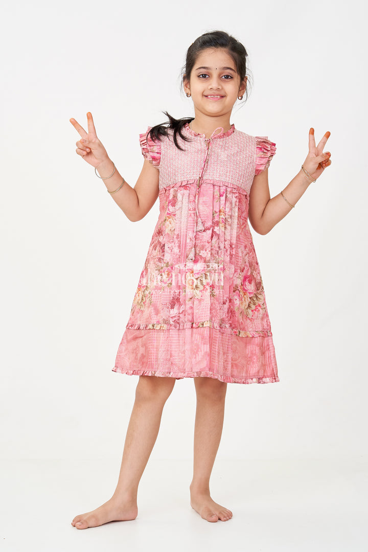 Girls Cotton Dress Frock with Ruffled Sleeves and Floral Digital Print in Deep Rose Hues