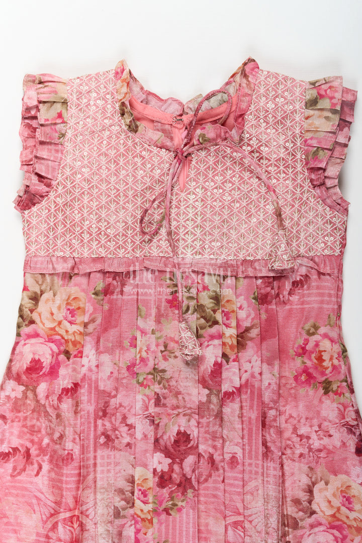 Girls Cotton Dress Frock with Ruffled Sleeves and Floral Digital Print in Deep Rose Hues