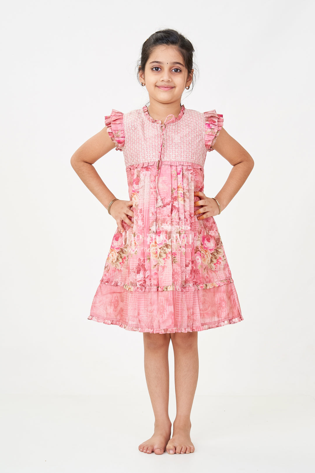 Girls Cotton Dress Frock with Ruffled Sleeves and Floral Digital Print in Deep Rose Hues