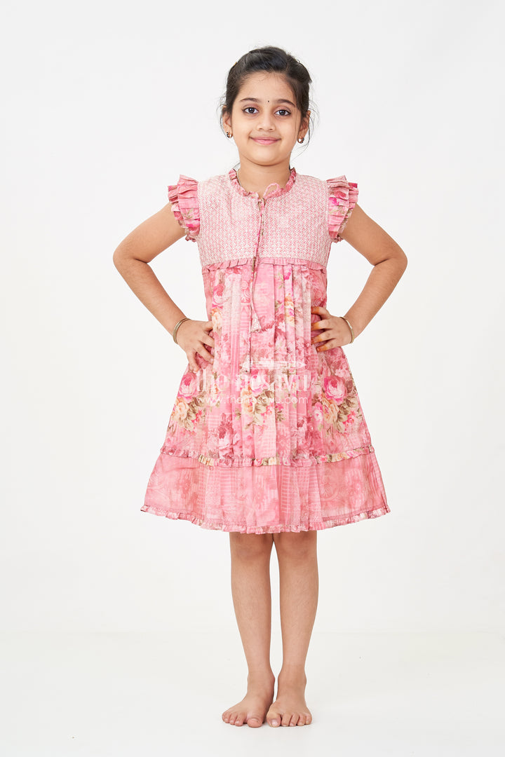 Girls Cotton Dress Frock with Ruffled Sleeves and Floral Digital Print in Deep Rose Hues