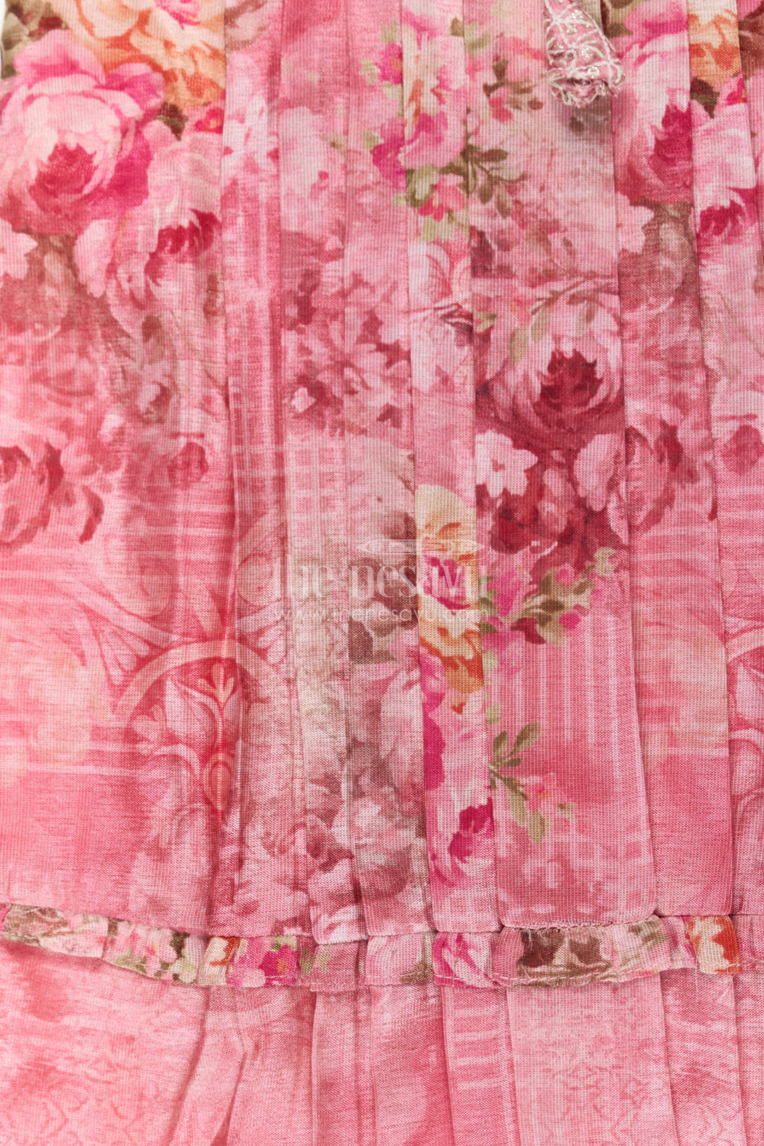 Girls Cotton Dress Frock with Ruffled Sleeves and Floral Digital Print in Deep Rose Hues