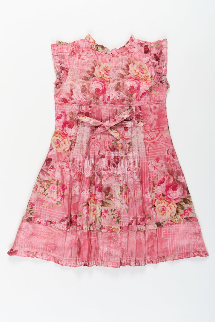 Girls Cotton Dress Frock with Ruffled Sleeves and Floral Digital Print in Deep Rose Hues