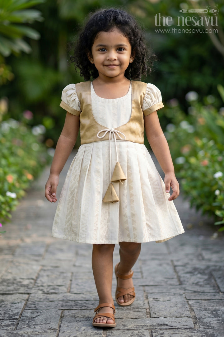 Pew Cotton Cream Frock with Gold Tissue Jacket and Ushaped Neckline for Girls