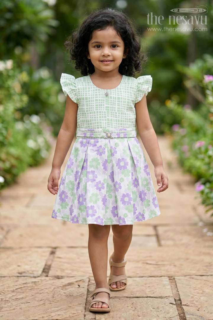 Purple and Green Floral Checked Cotton Frock with Pleated Skirt for Girls