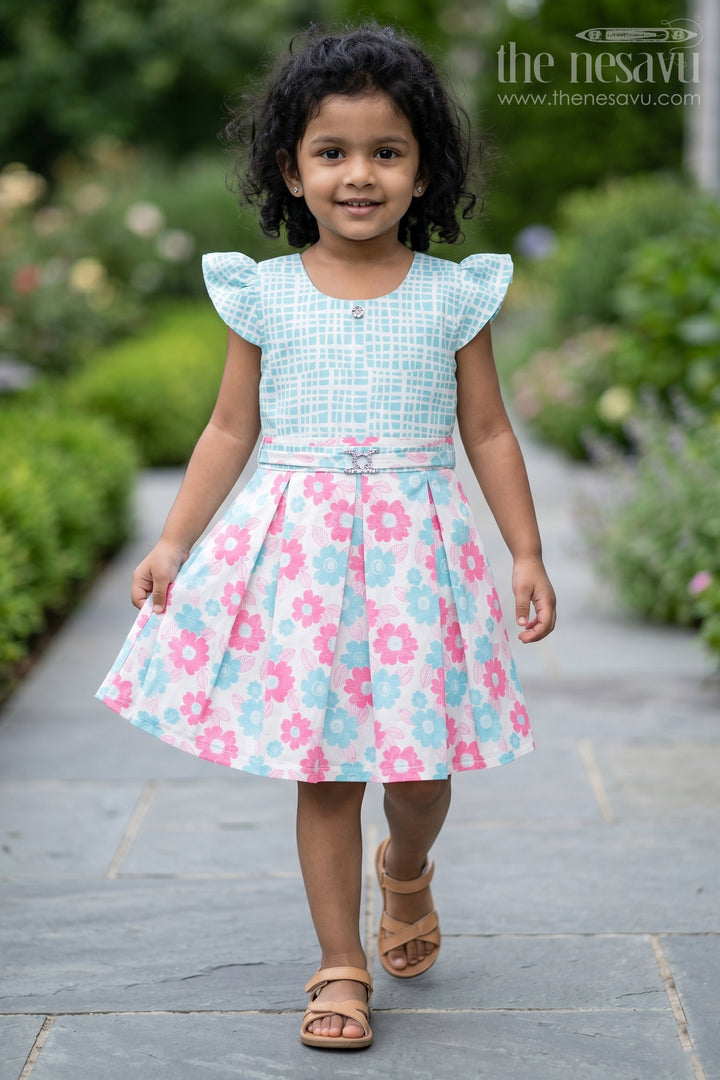Pink and Blue Floral Checked Cotton Frock with Pleated Skirt for Girls