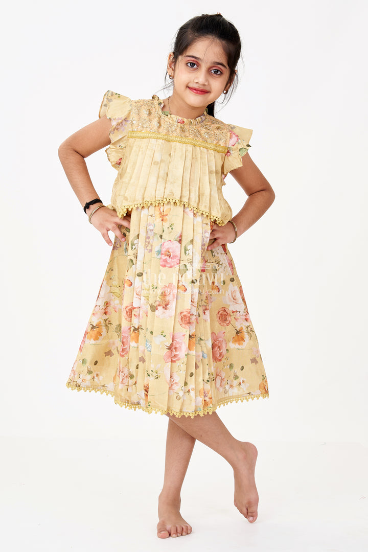Girls Special Eid Frock in Yellow Cotton Blend with Floral Print and Sequin Embroidery Yoke