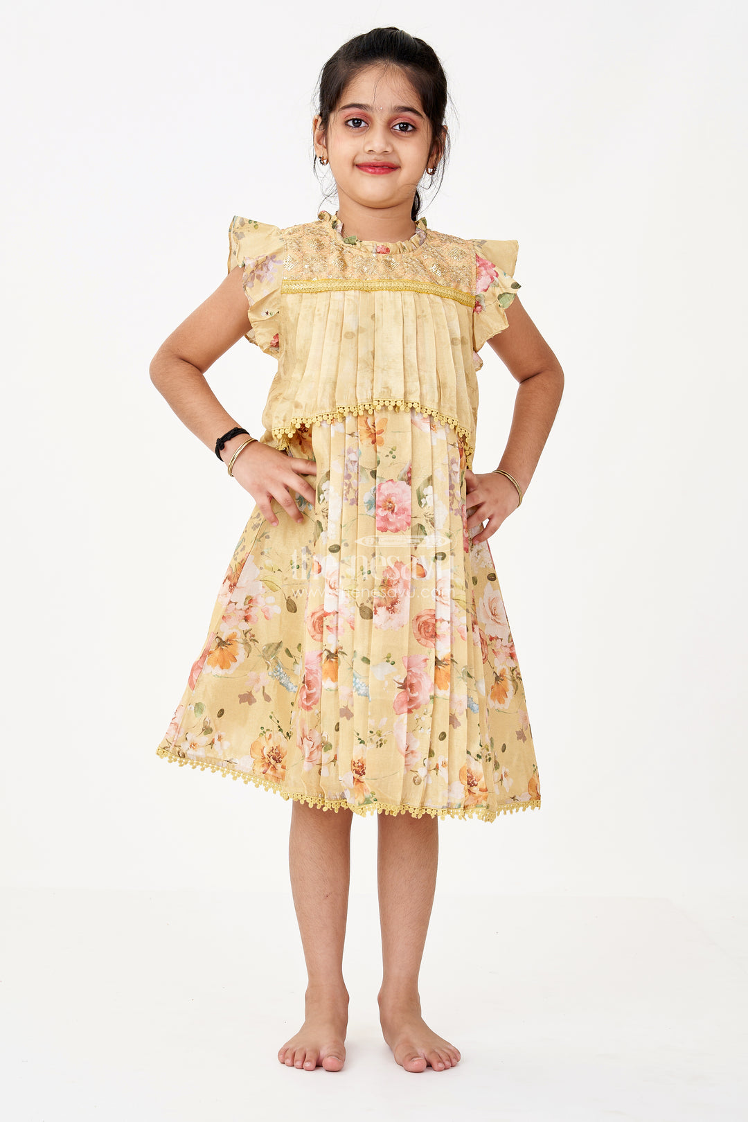 Girls Special Eid Frock in Yellow Cotton Blend with Floral Print and Sequin Embroidery Yoke