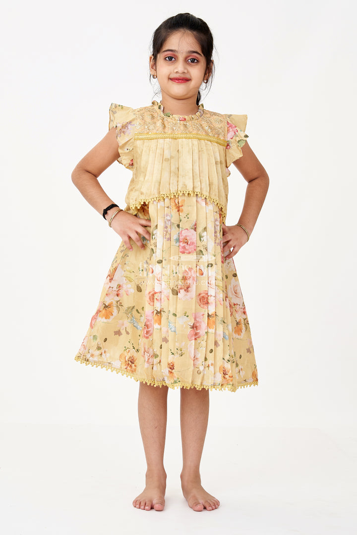 Girls Special Eid Frock in Yellow Cotton Blend with Floral Print and Sequin Embroidery Yoke