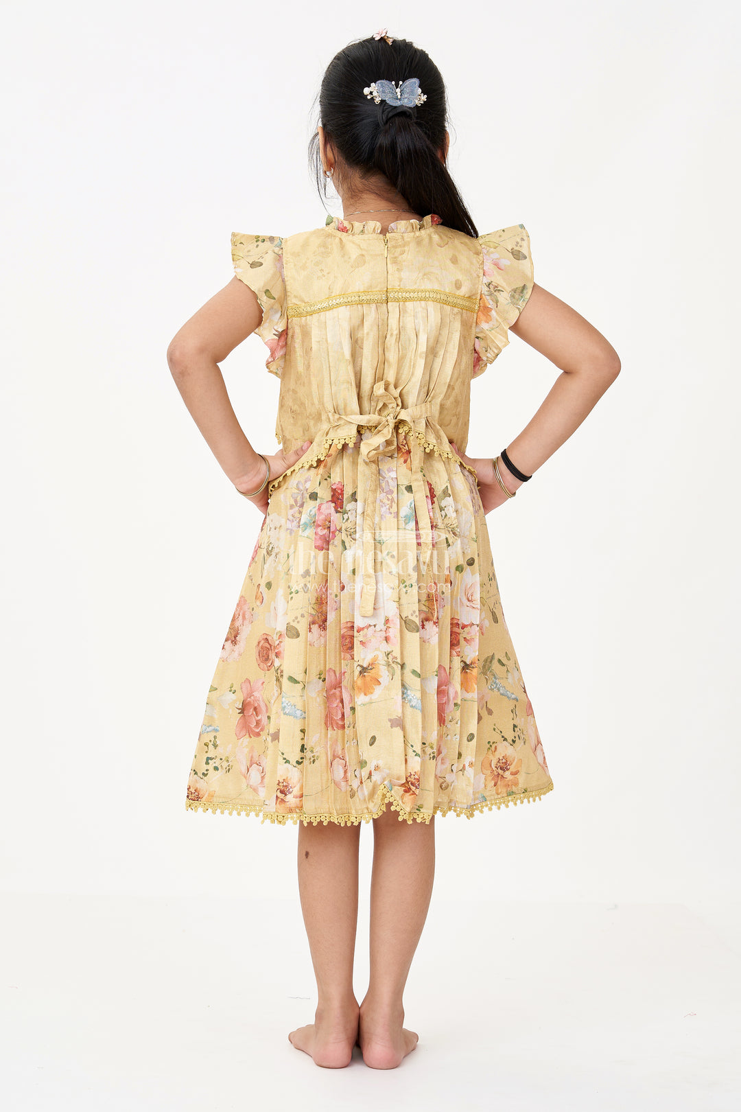 Girls Special Eid Frock in Yellow Cotton Blend with Floral Print and Sequin Embroidery Yoke