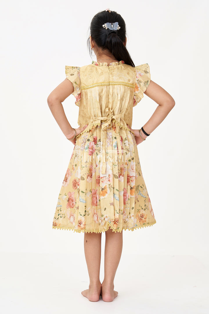 Girls Special Eid Frock in Yellow Cotton Blend with Floral Print and Sequin Embroidery Yoke