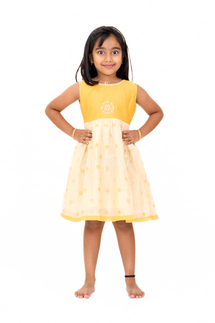 Mustard and Beige Chanderi Cotton Frock for Girls with Silver Beadwork and Polka Dot Details