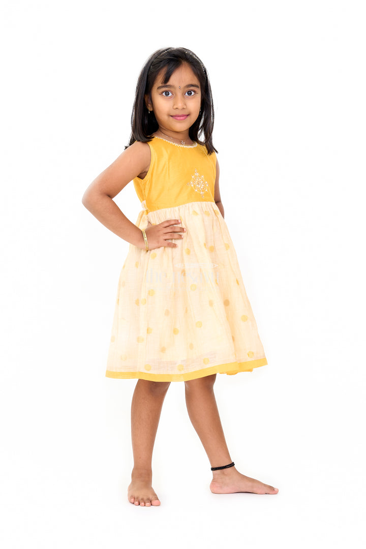 Mustard and Beige Chanderi Cotton Frock for Girls with Silver Beadwork and Polka Dot Details