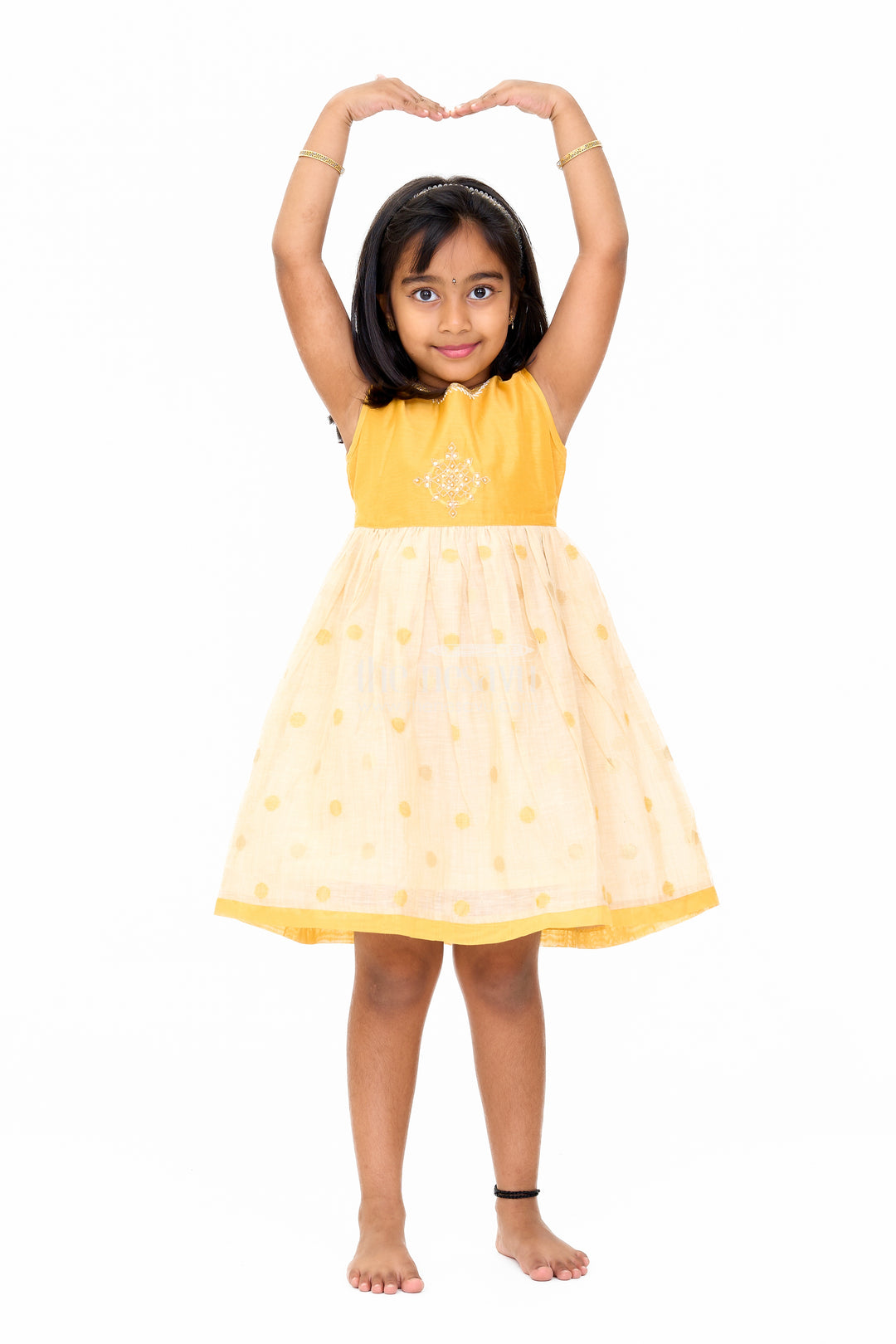 Mustard and Beige Chanderi Cotton Frock for Girls with Silver Beadwork and Polka Dot Details