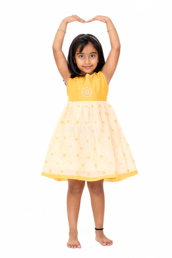 Mustard and Beige Chanderi Cotton Frock for Girls with Silver Beadwork and Polka Dot Details