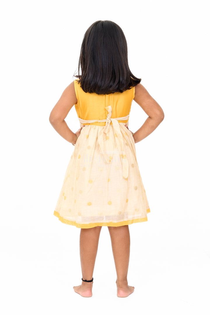 Mustard and Beige Chanderi Cotton Frock for Girls with Silver Beadwork and Polka Dot Details