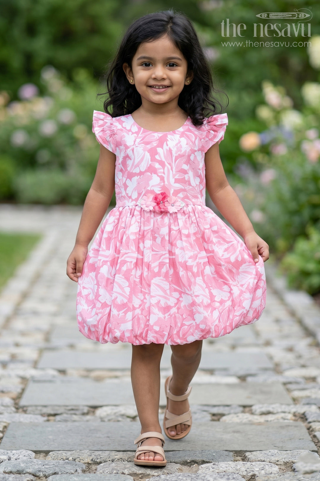 Pink Blended Cotton Girls Fancy Frock with Floral Print and Ruffle Sleeves