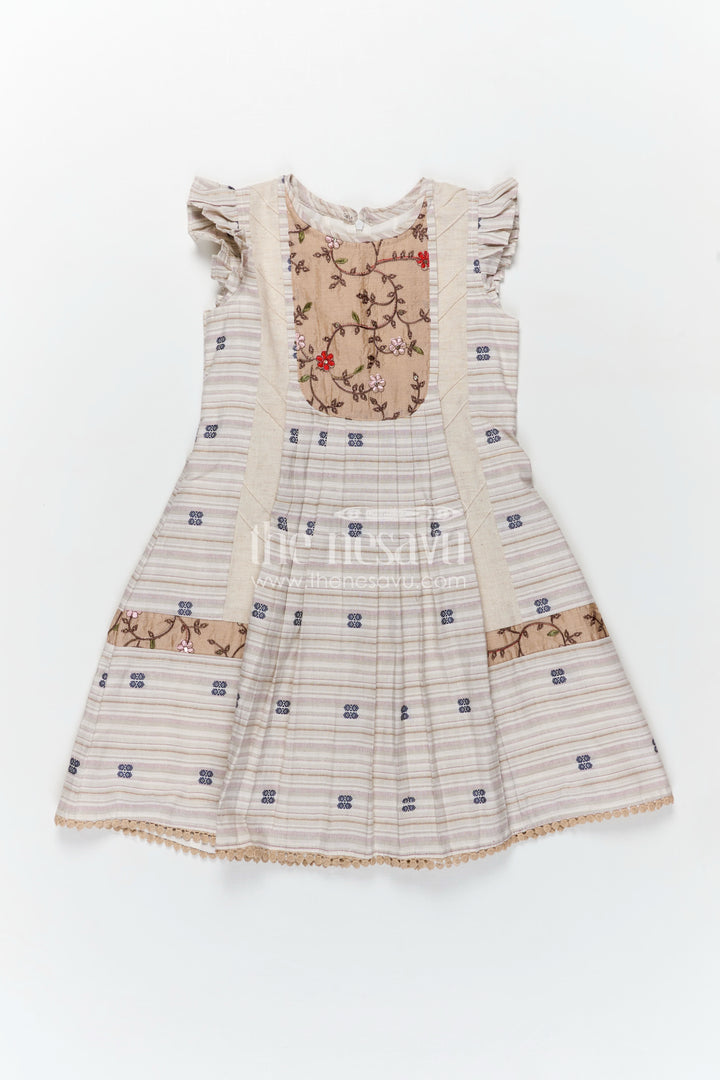 Girls Cream Cotton Frock with Embroidery Yoke and Traditional Weave Inspired fashion design frock