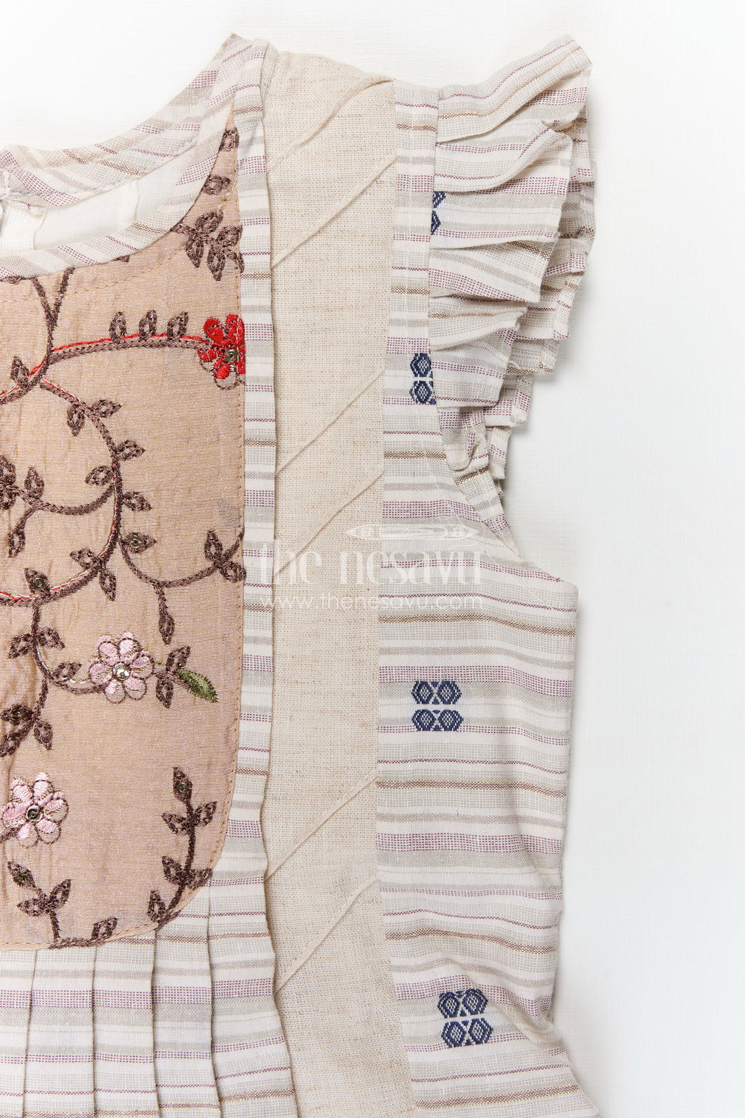 Girls Cream Cotton Frock with Embroidery Yoke and Traditional Weave Inspired fashion design frock