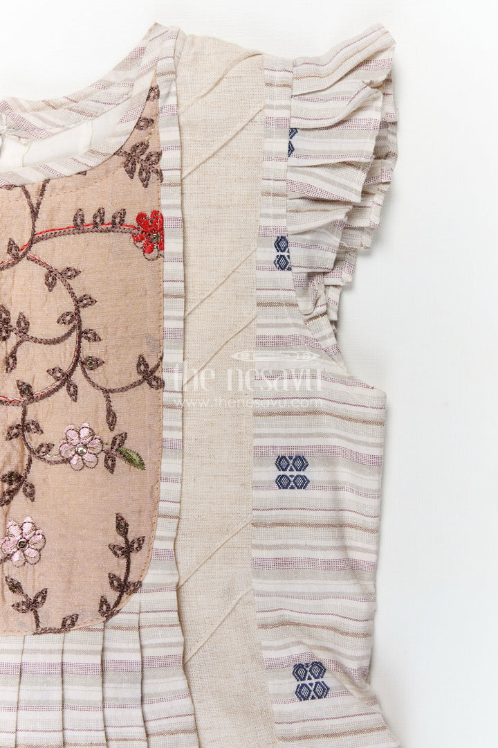 Girls Cream Cotton Frock with Embroidery Yoke and Traditional Weave Inspired fashion design frock