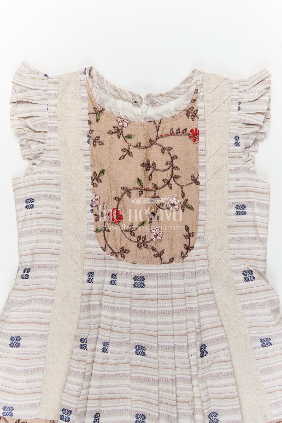 Girls Cream Cotton Frock with Embroidery Yoke and Traditional Weave Inspired fashion design frock
