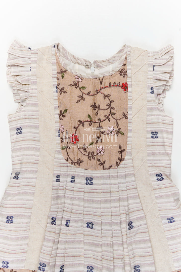 Girls Cream Cotton Frock with Embroidery Yoke and Traditional Weave Inspired fashion design frock