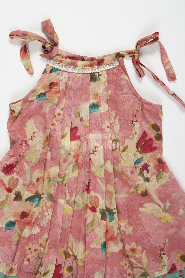 Girls Georgette Floral Frock with Printed Hem and Sleeveless Style in Vibrant flower design frock Look