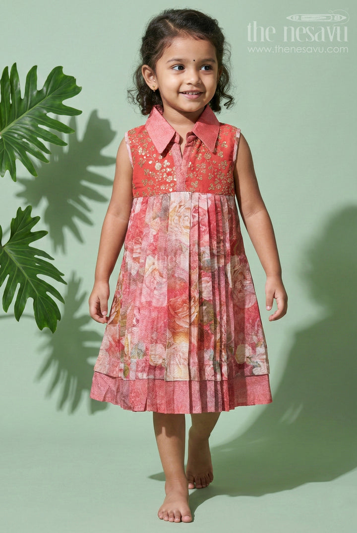 Girls Cotton Tissue Frock in Red with Frill Sleeves and Elegant Floral Print for Frill Frock Design Look