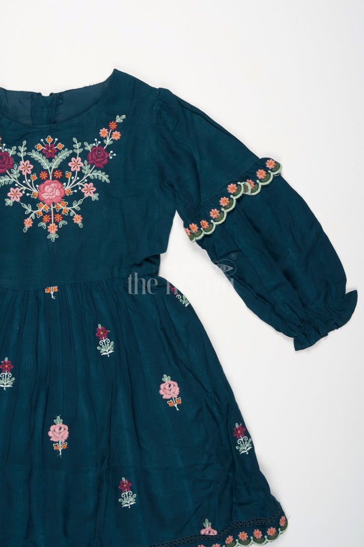Girls Green Cotton Frock with Embroidered Bodice and Puff Sleeves in Charming frock fancy design