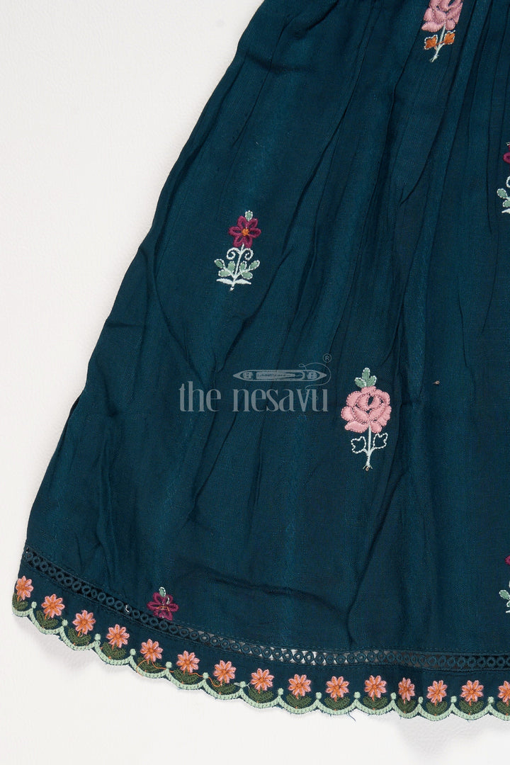 Girls Green Cotton Frock with Embroidered Bodice and Puff Sleeves in Charming frock fancy design