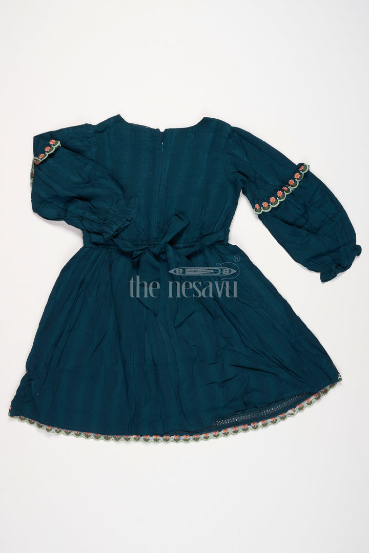 Girls Green Cotton Frock with Embroidered Bodice and Puff Sleeves in Charming frock fancy design