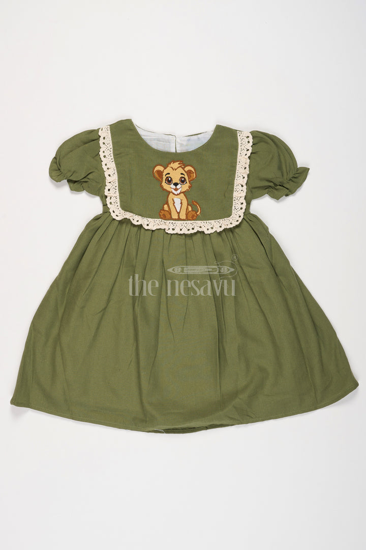 Girls Olive Green Cotton Frock with Front Yoke Embroidery and Puff Sleeves in Smart frock front design