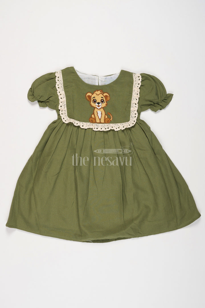 Girls Olive Green Cotton Frock with Front Yoke Embroidery and Puff Sleeves in Smart frock front design