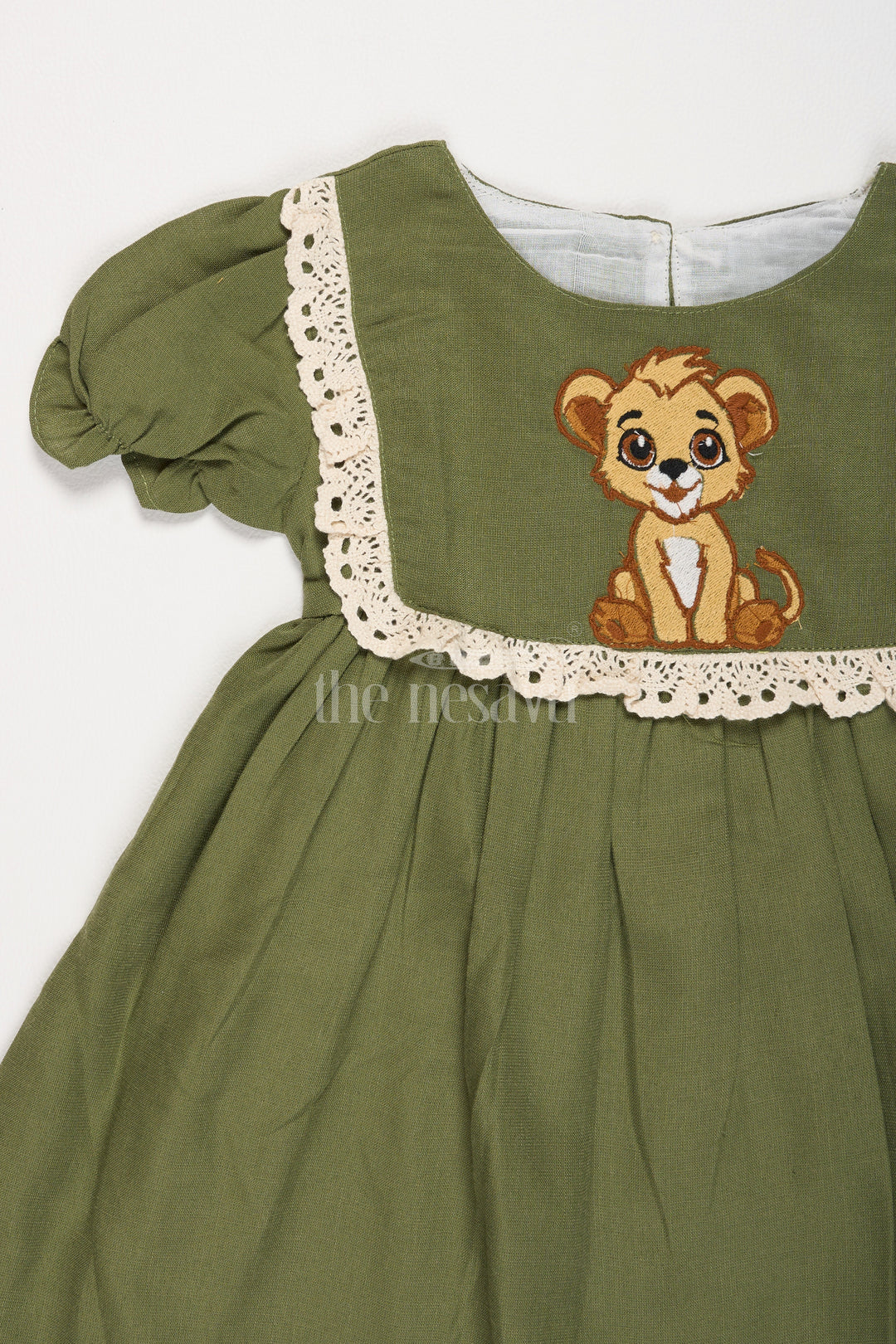 Girls Olive Green Cotton Frock with Front Yoke Embroidery and Puff Sleeves in Smart frock front design