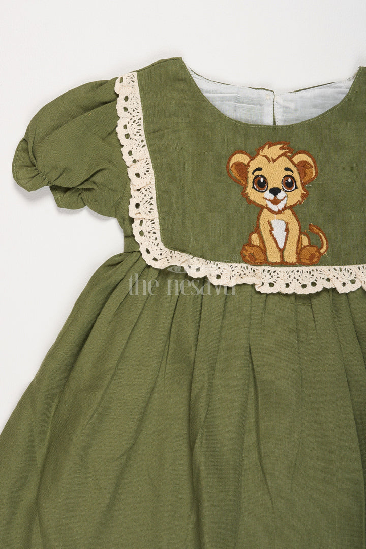 Girls Olive Green Cotton Frock with Front Yoke Embroidery and Puff Sleeves in Smart frock front design