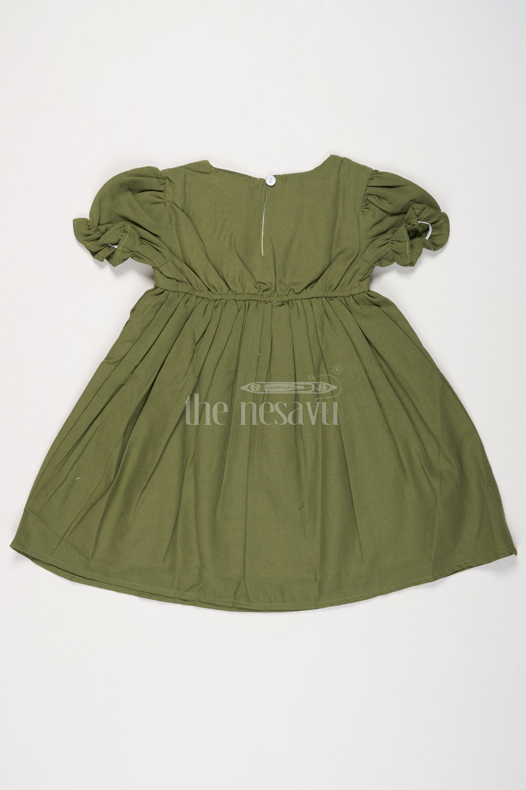 Girls Olive Green Cotton Frock with Front Yoke Embroidery and Puff Sleeves in Smart frock front design