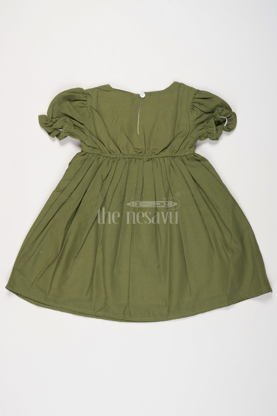 Girls Olive Green Cotton Frock with Front Yoke Embroidery and Puff Sleeves in Smart frock front design